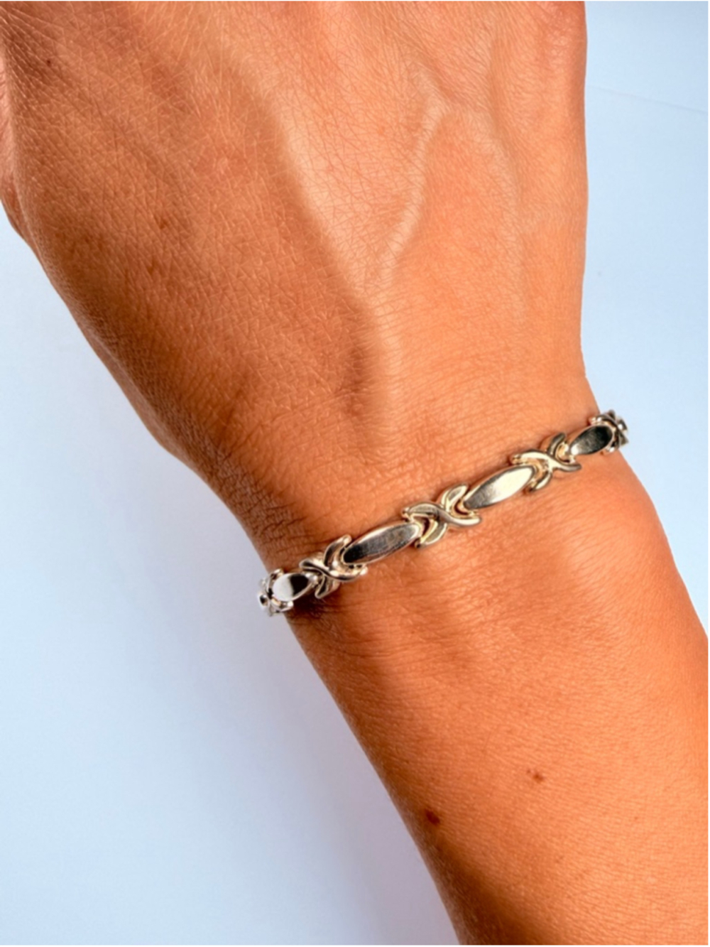 Modern Sleek XO Link 925 Sterling Silver 5.5MM Vintage Tennis Bracelet Italy - Picture 3 of 9